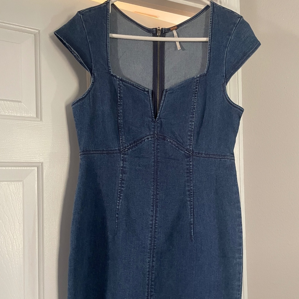 Free People Denim Mini Dress Sweetheart Neckline Small NWOT